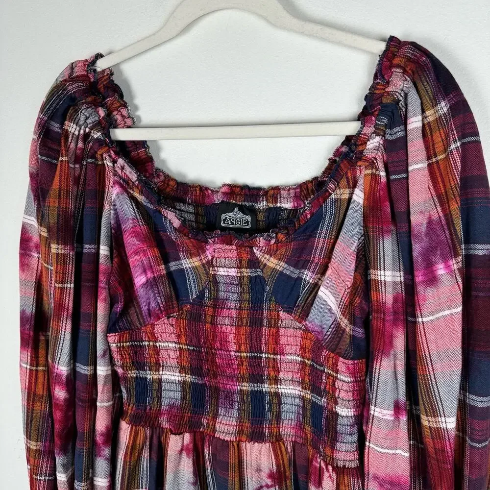 Angie Plaid Flannel Long Sleeve Dress Ruffle Hem Bleach Effect Size S Smocked